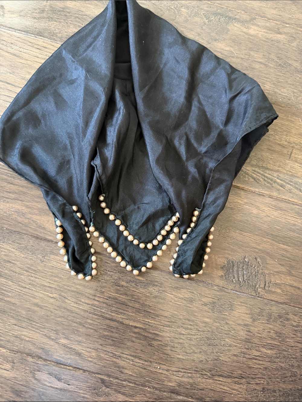 Vintage Black Square Scarf with Beaded Corners made in Japan